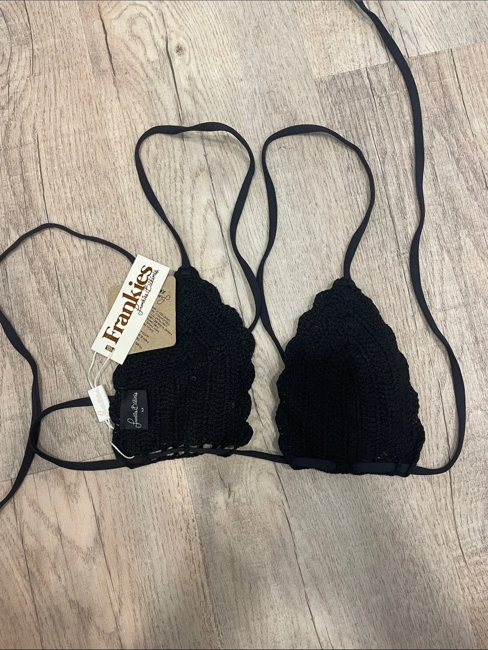 Frankie's Bikinis Black Crochet Triangle Bandeau Top